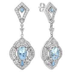 Orecchini blu ovali con acquamarina e diamanti in stile Art Deco in oro bianco 14K