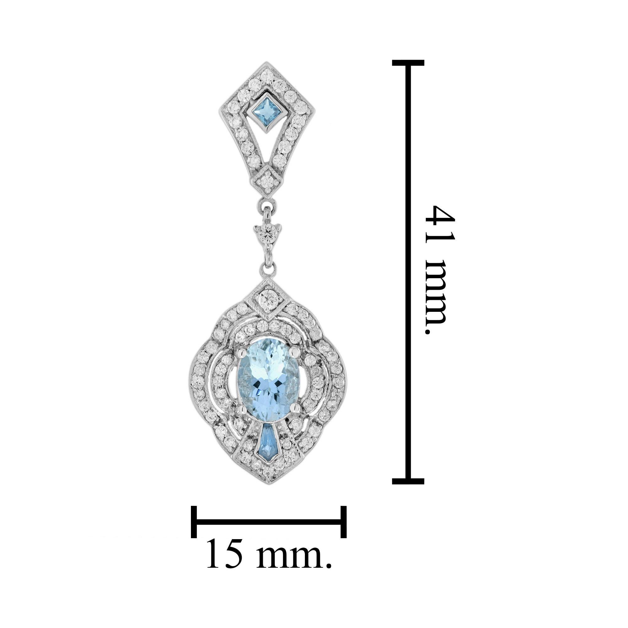 Taglio ovale Orecchini blu ovali con acquamarina e diamanti in stile Art Deco in oro bianco 14K in vendita