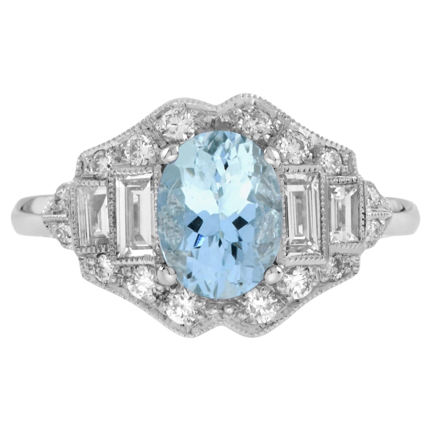 Bague en or blanc 14K avec aigue-marine bleue de forme ovale et diamant de style Art déco en vente