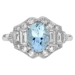 Oval Shape Blue Aquamarine & Diamond Art Deco Style 14K White Gold Ring