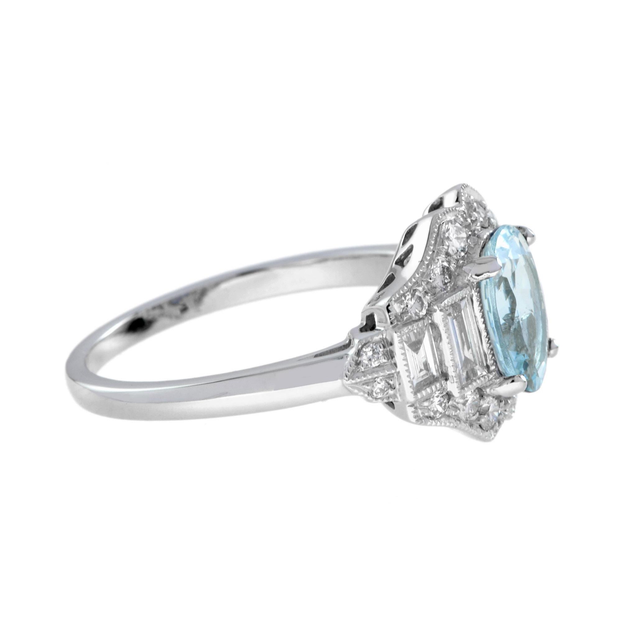 Taille ovale Bague en or blanc 14K avec aigue-marine bleue de forme ovale et diamant de style Art déco en vente