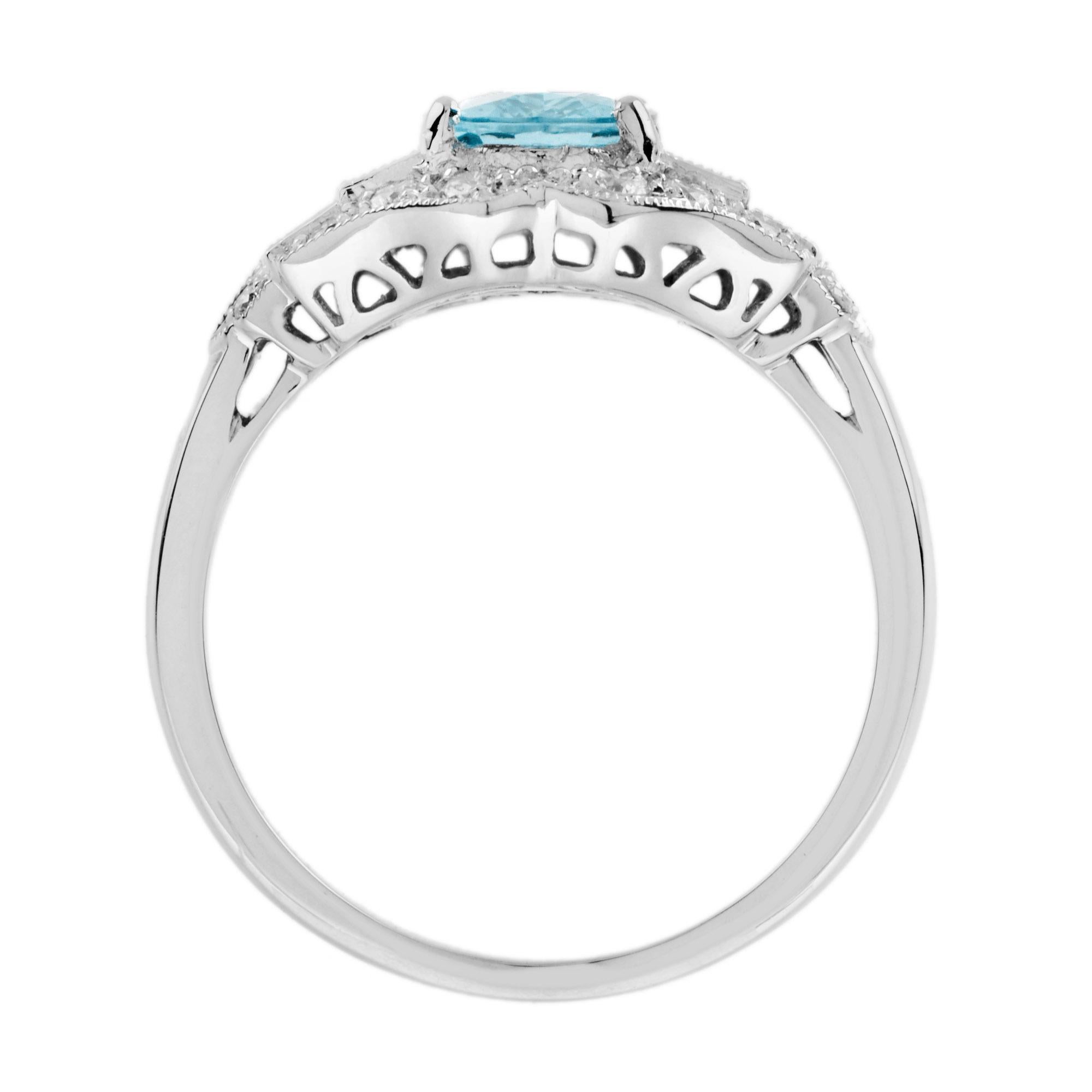 Bague en or blanc 14K avec aigue-marine bleue de forme ovale et diamant de style Art déco Neuf - En vente à Oakton, VA