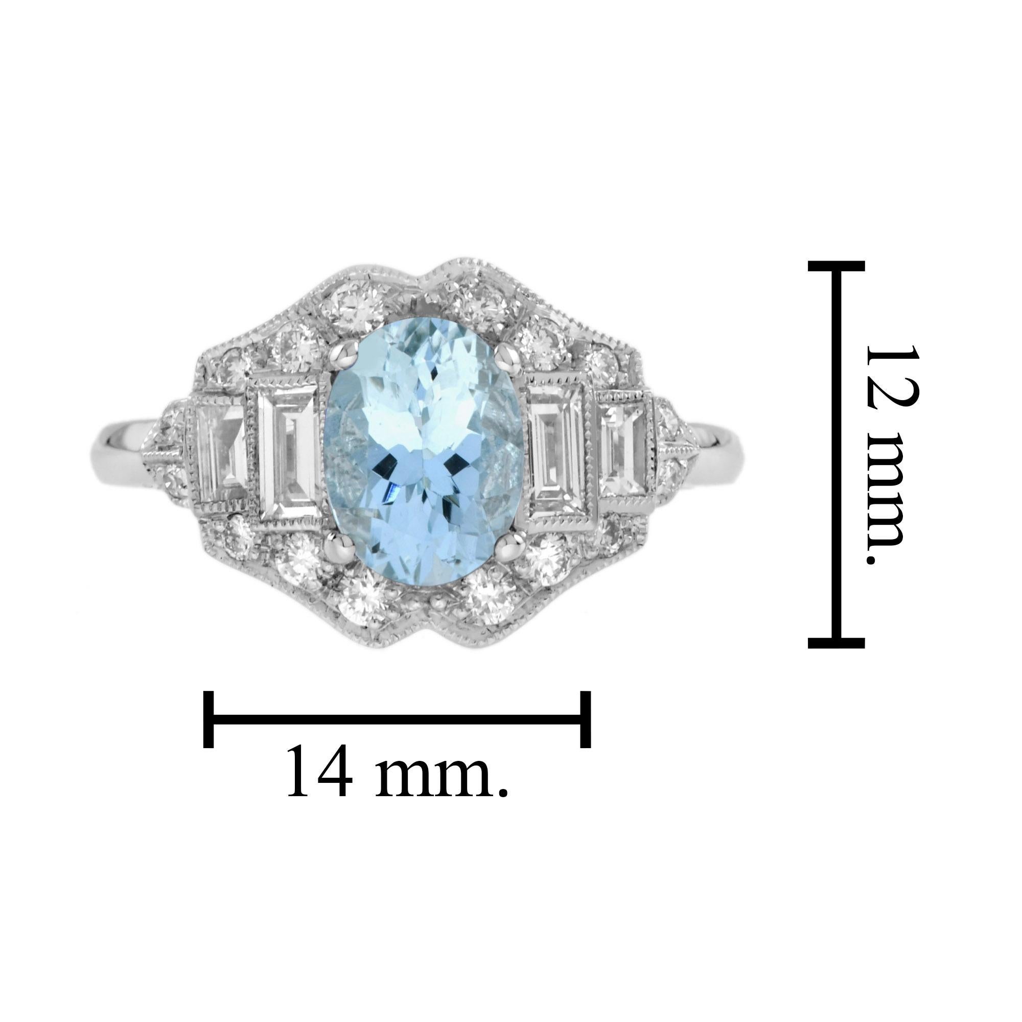 Bague en or blanc 14K avec aigue-marine bleue de forme ovale et diamant de style Art déco en vente 1