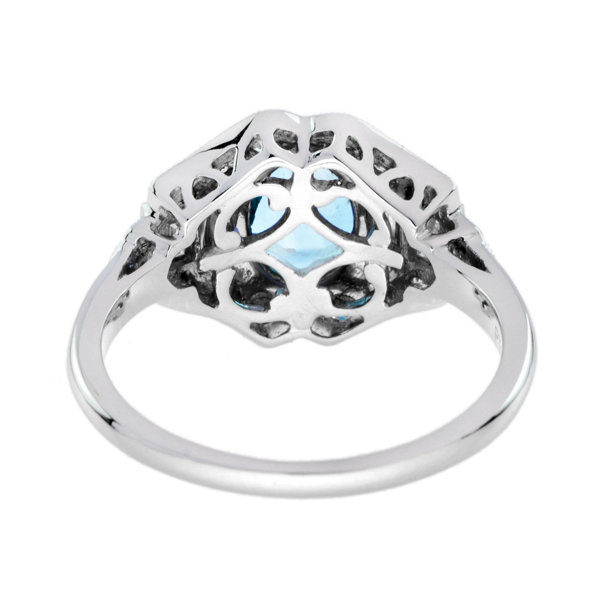 Bague en or blanc 14K avec aigue-marine bleue de forme ovale et diamant de style Art déco Pour femmes en vente