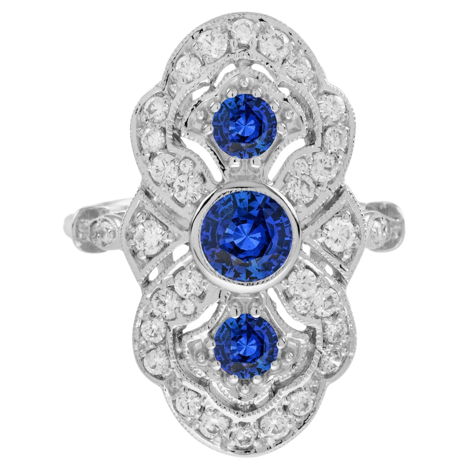 Saphir bleu rond Diamant Bague de style édouardien à trois pierres en or blanc 14K