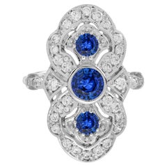 Round Blue Sapphire Diamond Edwardian Style Three Stone 14K White Gold Ring