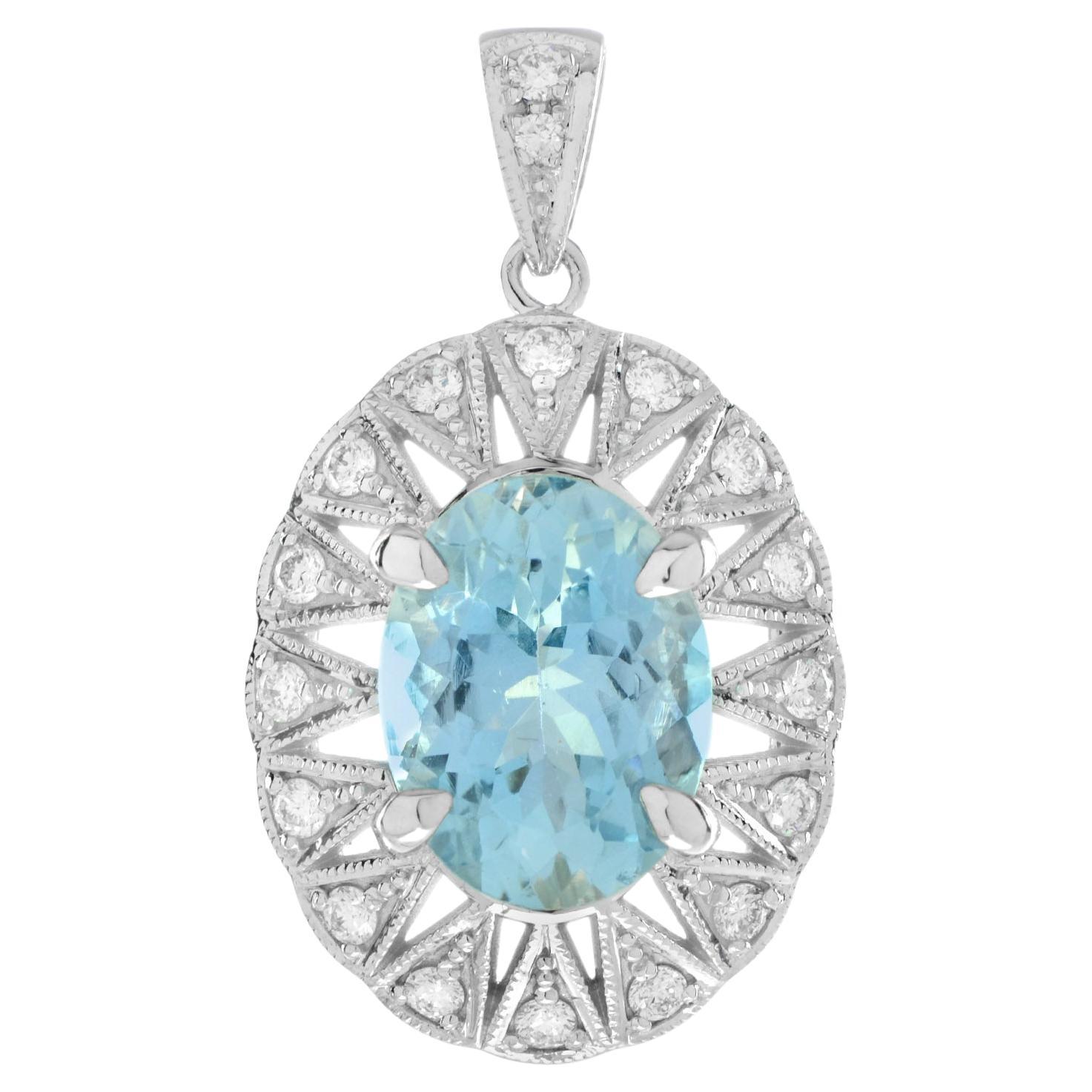 Ciondolo a forma di ovale con acquamarina blu e diamante a raggiera in stile classico in oro bianco 14 carati in vendita
