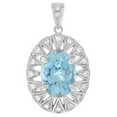 Oval Shape Blue Aquamarine & Diamond Halo Classic Style 14K White Gold Pendant