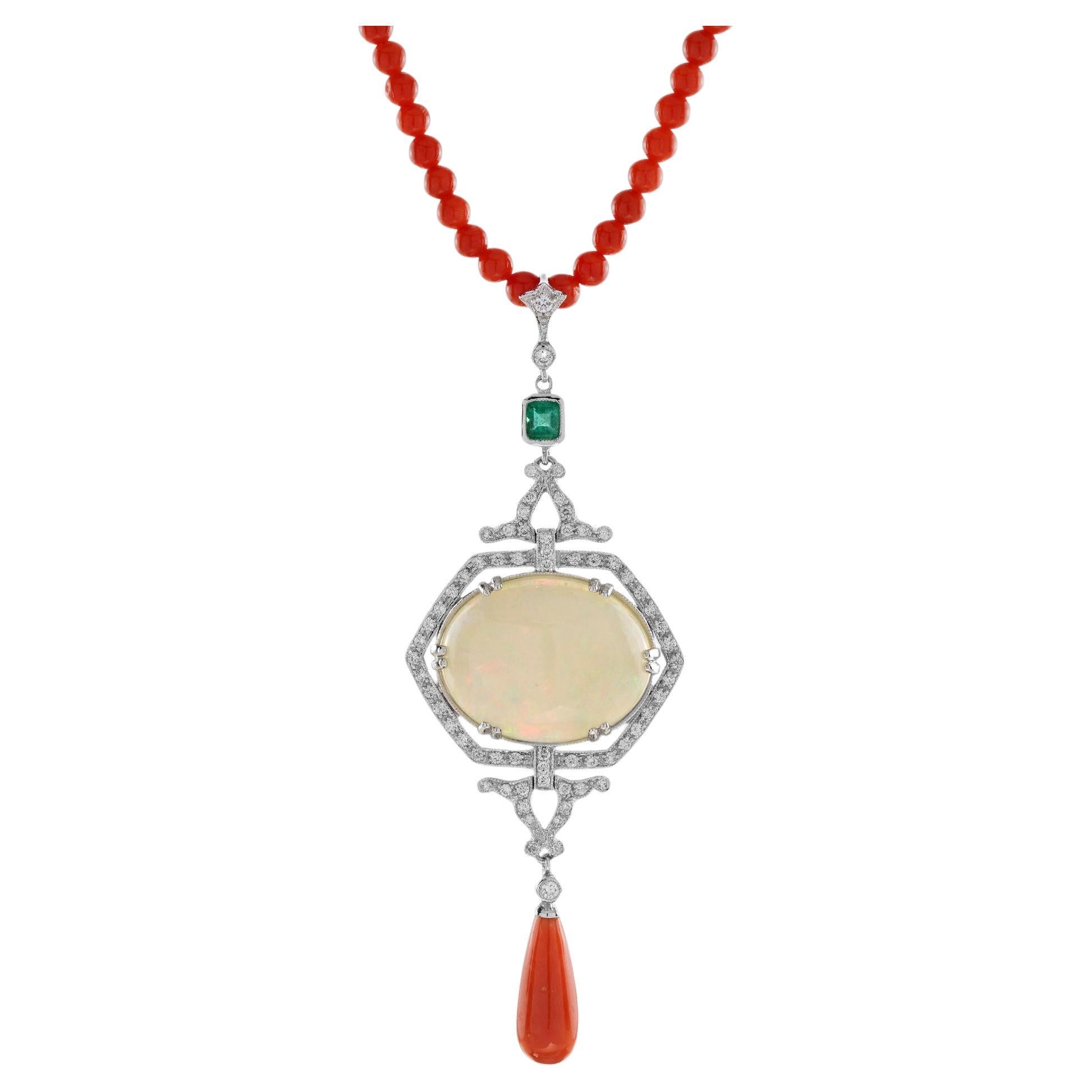 12,42 Ct. Collana etiope Opale Corallo Smeraldo Diamante Stile Art Deco 14K White