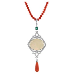 12.42 Ct. Ethiopian Opal Coral Emerald Diamond Art Deco Style 14K White Necklace