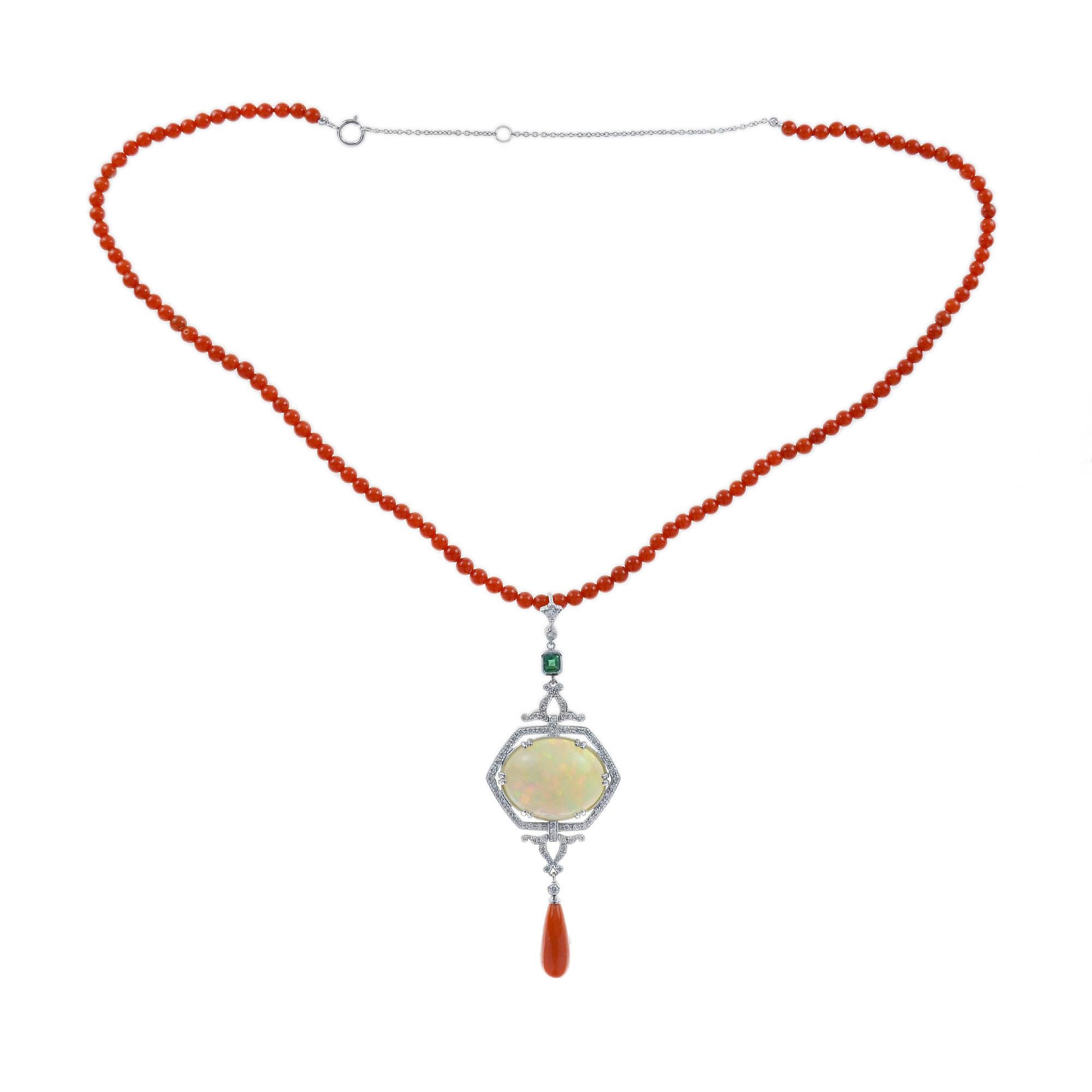12,42 Ct. Äthiopischer Opal Koralle Smaragd Diamant Art Deco Stil 14K Weiß Halskette (Ovalschliff) im Angebot