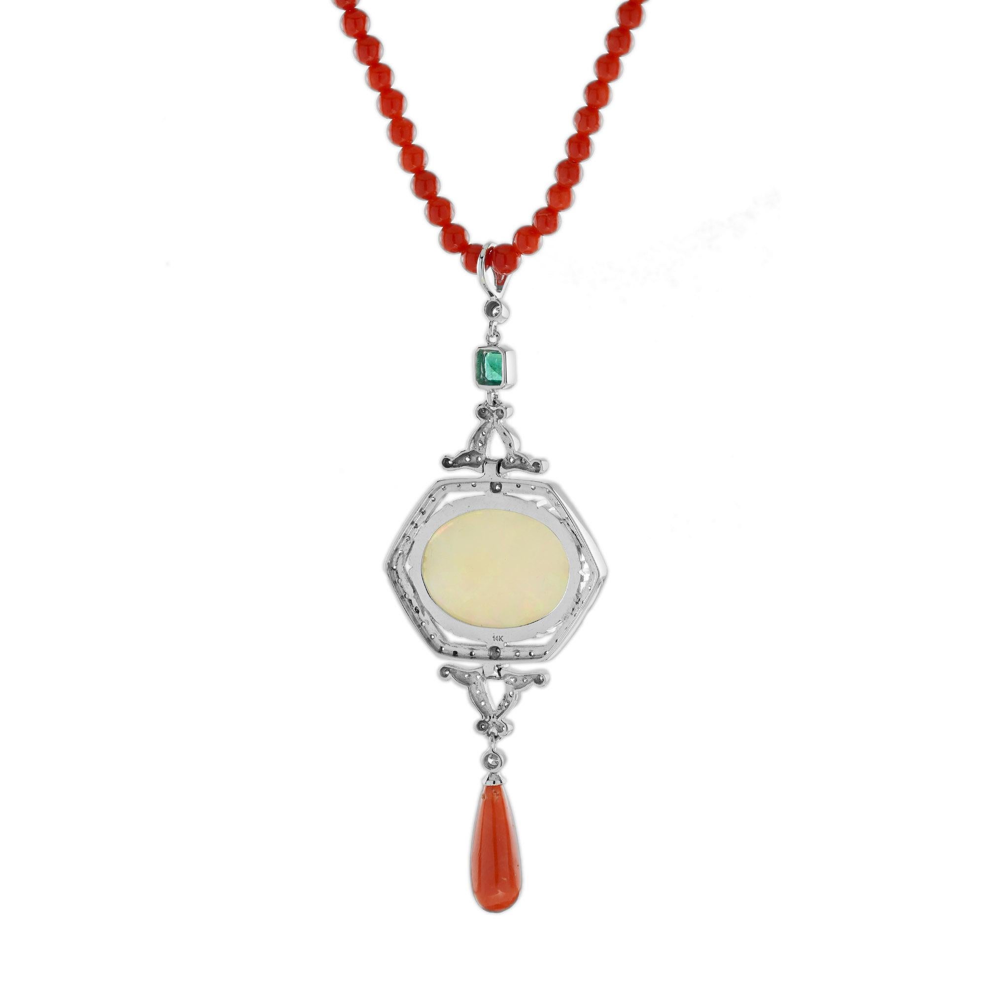 12,42 Ct. Äthiopischer Opal Koralle Smaragd Diamant Art Deco Stil 14K Weiß Halskette (Art déco) im Angebot