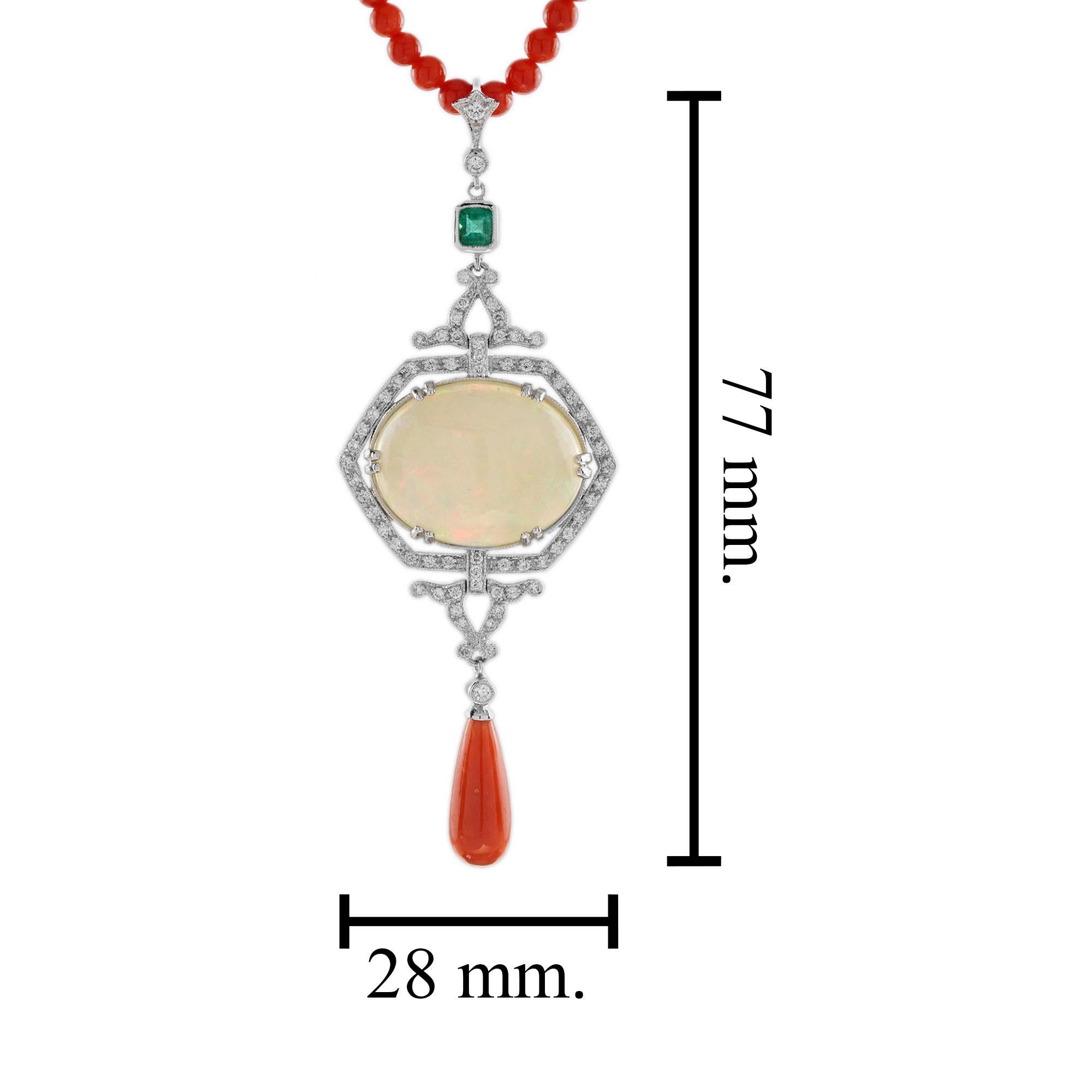 12,42 Ct. Äthiopischer Opal Koralle Smaragd Diamant Art Deco Stil 14K Weiß Halskette für Damen oder Herren im Angebot