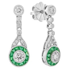 Round Diamond & Emerald Art Deco Style Halo Set 14K White Gold Drop Earrings