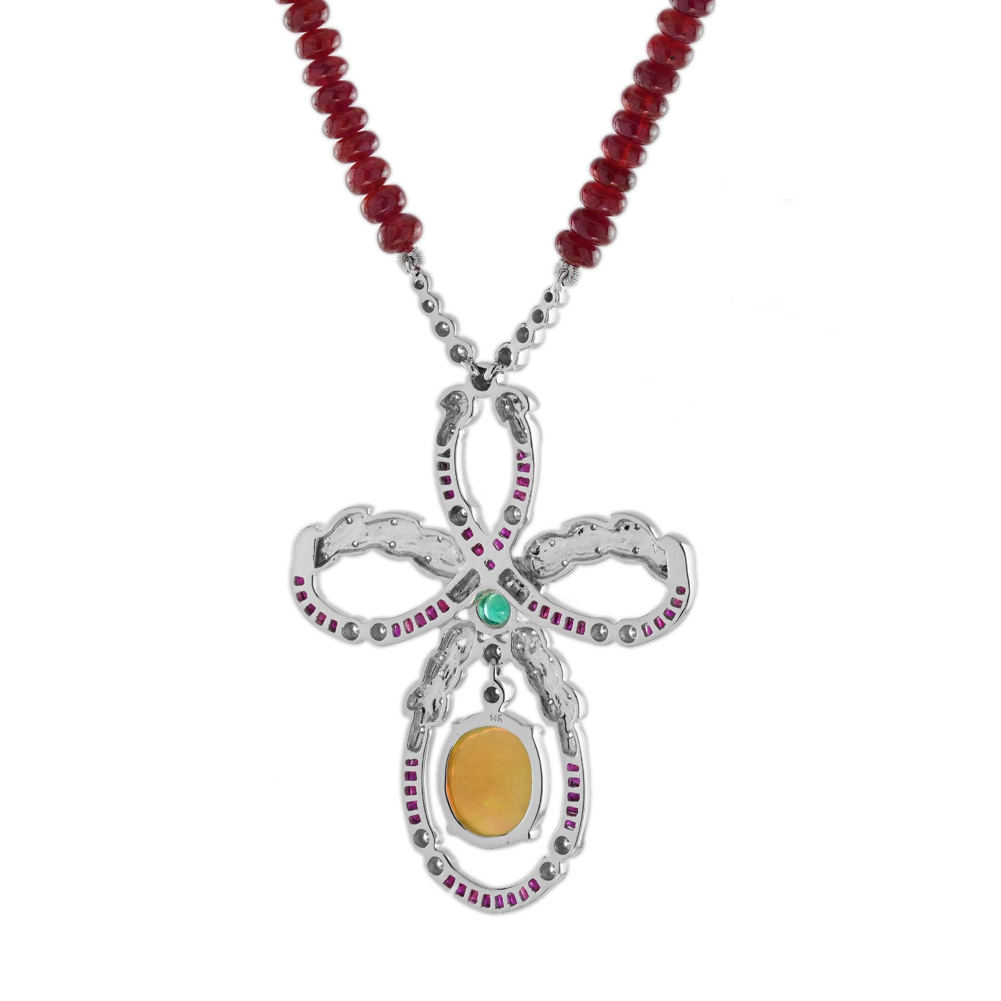 Edoardiano Collana etiope di opale, rubino, smeraldo e diamante in stile edoardiano in oro bianco 14 carati in vendita