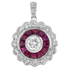 Diamond & Red Pink Ruby Art Deco Style Target 14K White Gold Pendant