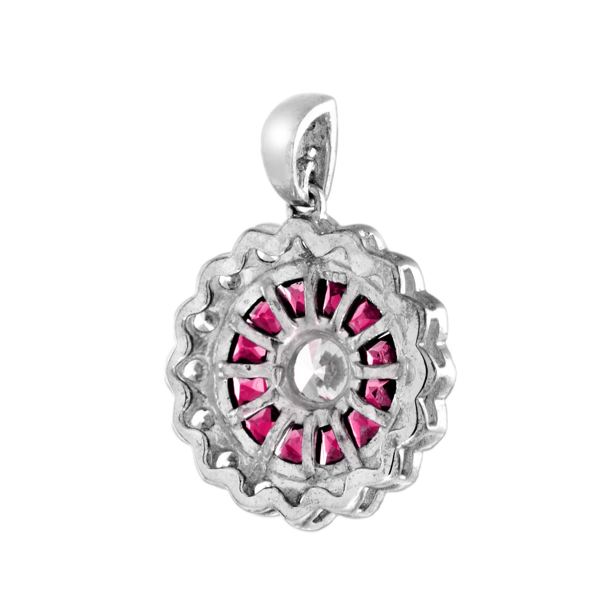 Art déco Pendentif en or blanc 14K avec diamant et rubis rose rouge de style Art Deco Target en vente