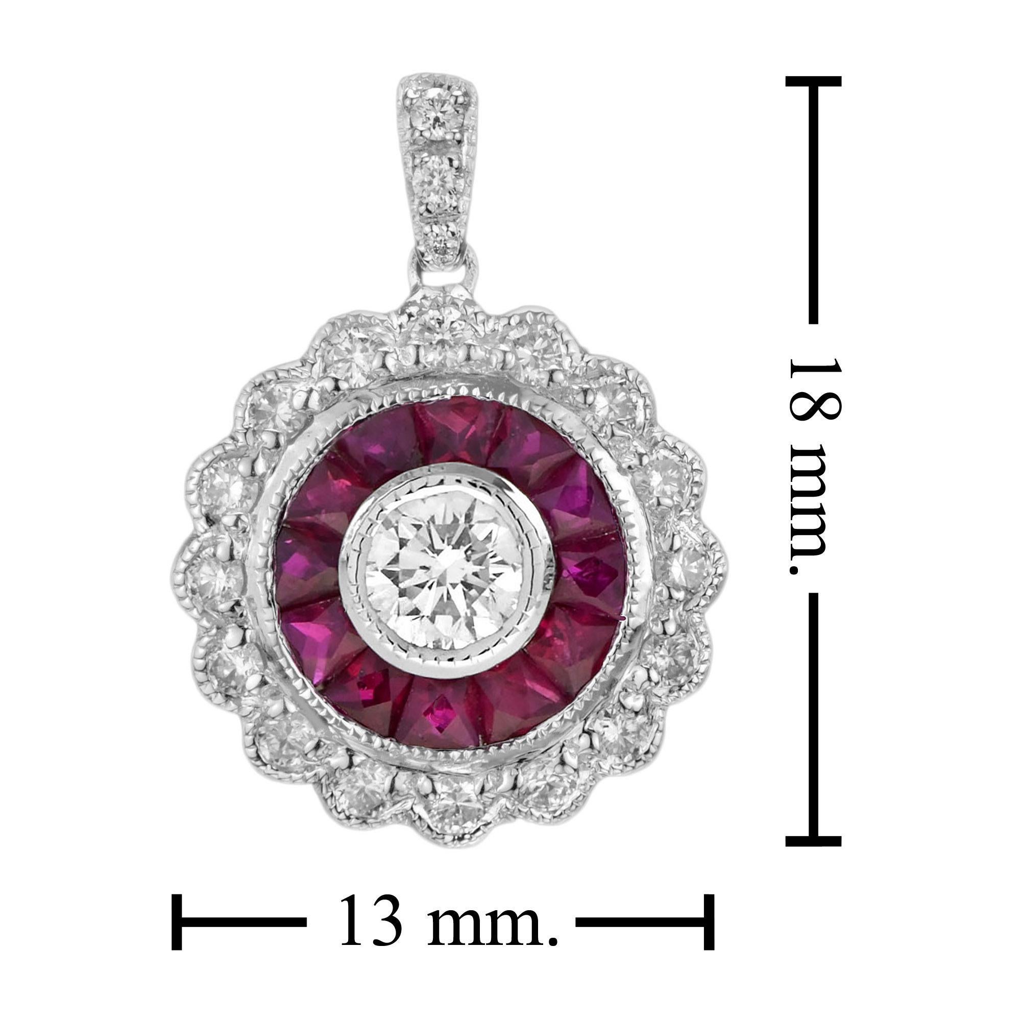 Taille ronde Pendentif en or blanc 14K avec diamant et rubis rose rouge de style Art Deco Target en vente