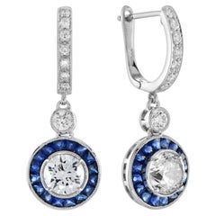 Round Diamond & Blue Sapphire Art Deco Style Drop 14K White Gold Earrings