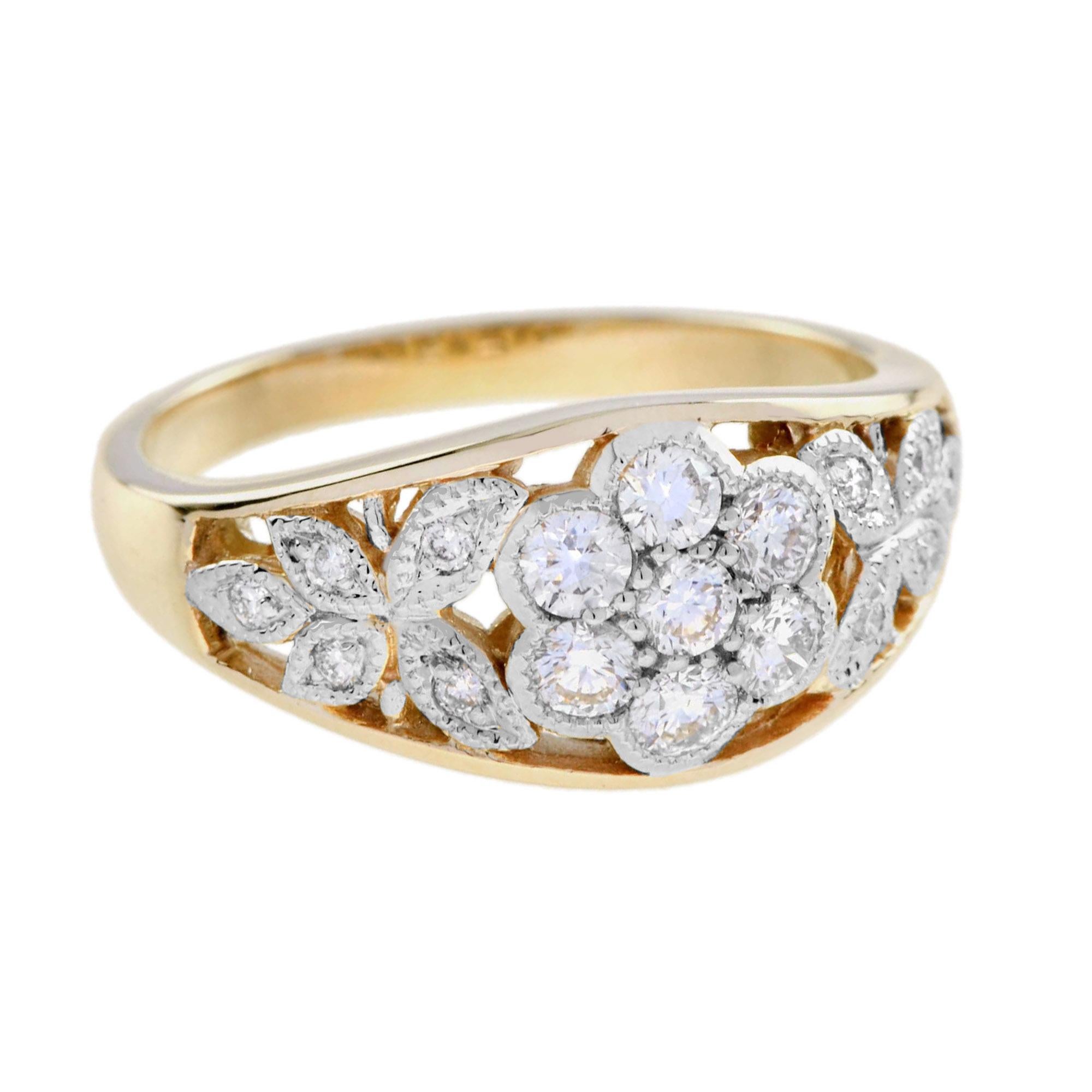 This stunning diamond cluster ring celebrates nature’s beauty and the brilliance of diamonds. This ring features a unique flower design where the delicate petals are formed in round shape. The center flower is adorned with seven round brilliant cut