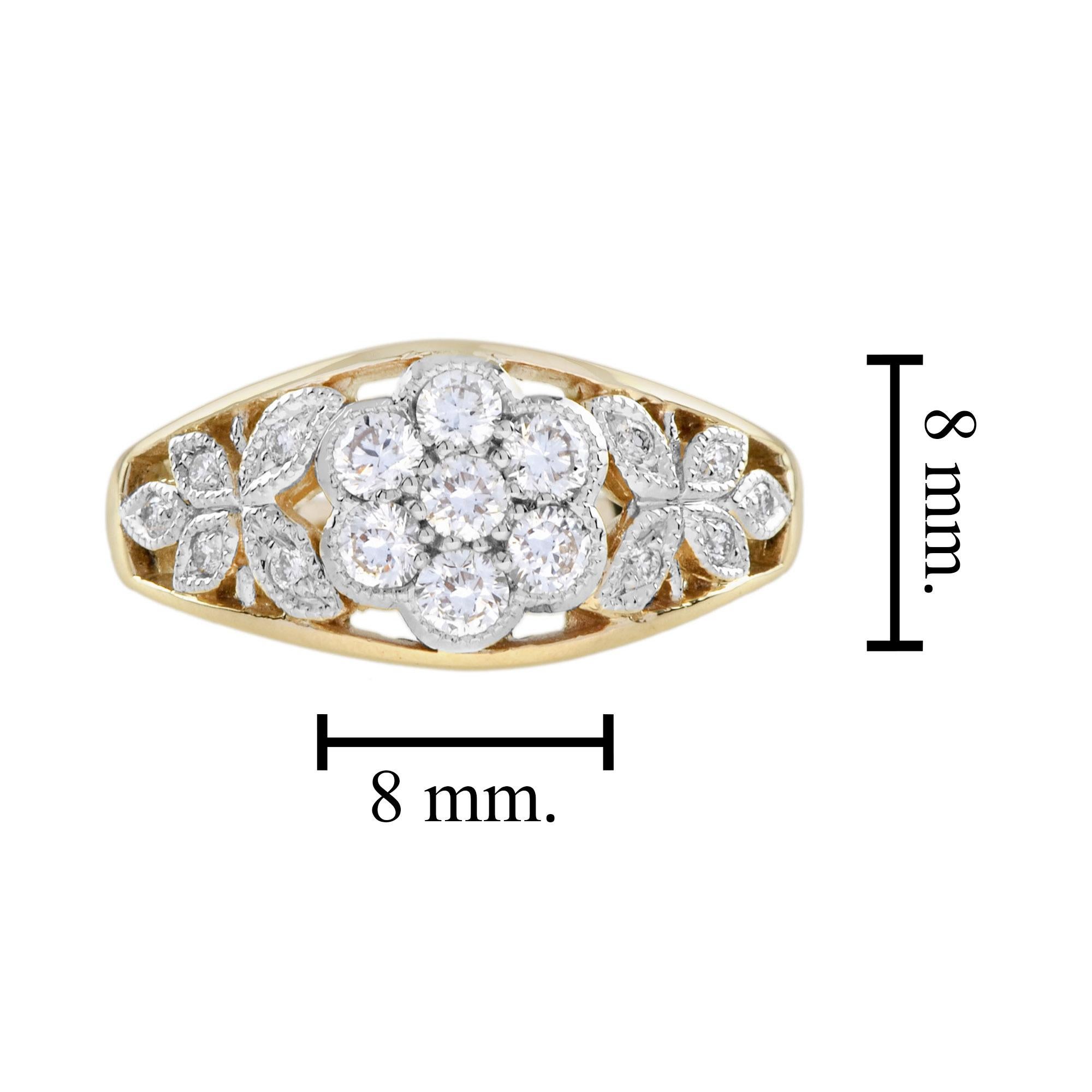 da uomo o donna Anello con diamante e fiore in stile edoardiano 14 carati bianco giallo in vendita