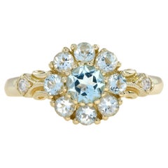 Blue Topaz & Diamond Vintage Style Floral Cluster 14K Yellow Gold Ring