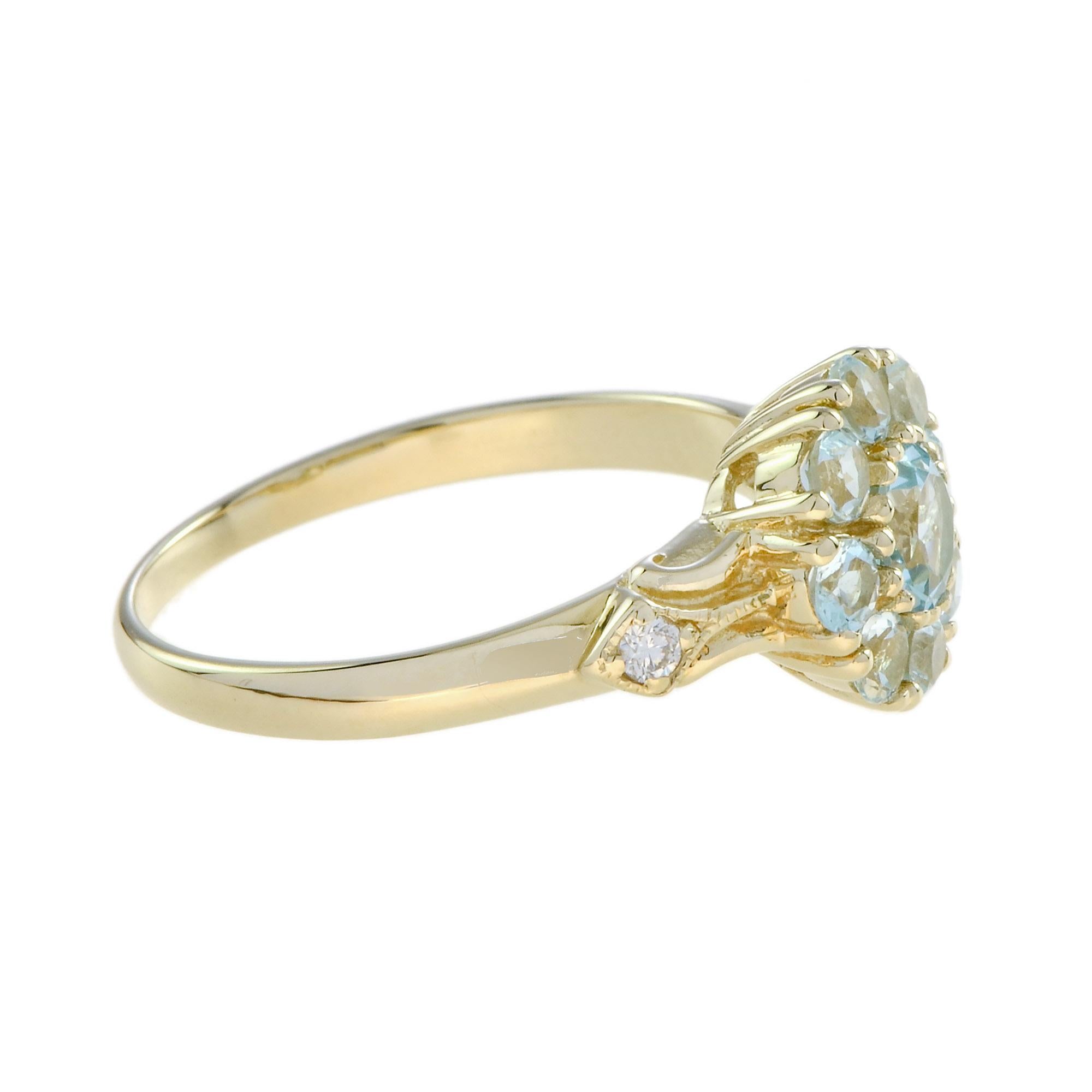 Blauer Topas & Diamant Vintage Style Floral Cluster 14K Gelbgold Ring (Edwardian) im Angebot