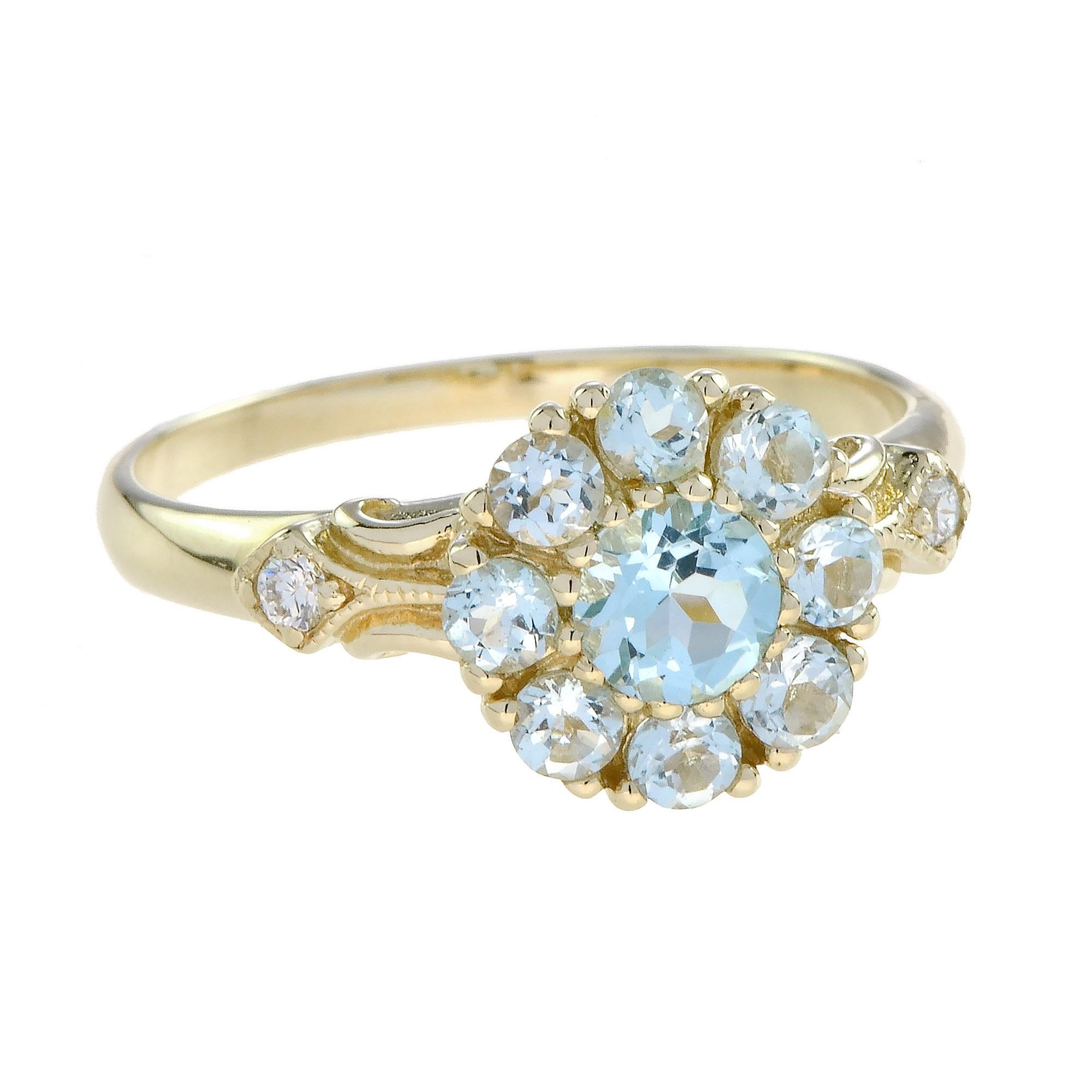 Ein wunderschöner Ring mit Blautopas und Diamanten als Blumenmotiv. In der Mitte befindet sich ein wunderschöner himmelblauer Topas im Ovalschliff, umgeben von einem Halo aus acht blauen Topasen. Jede Schulter ist mit einem glitzernden Diamanten
