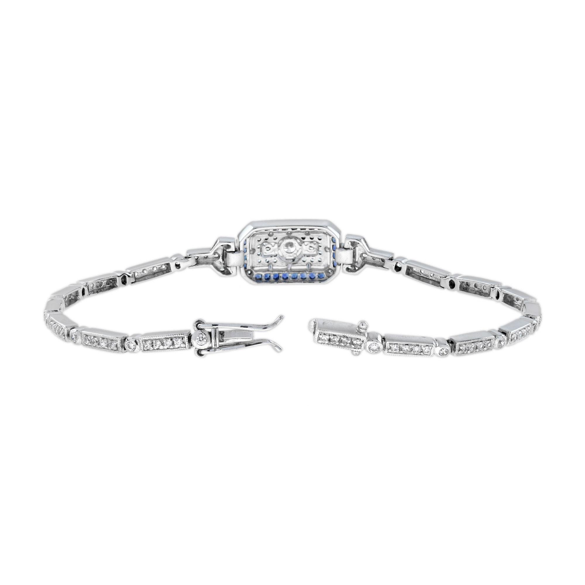 Bracelet en or blanc avec diamants et saphirs bleus de style Art déco Neuf - En vente à Oakton, VA