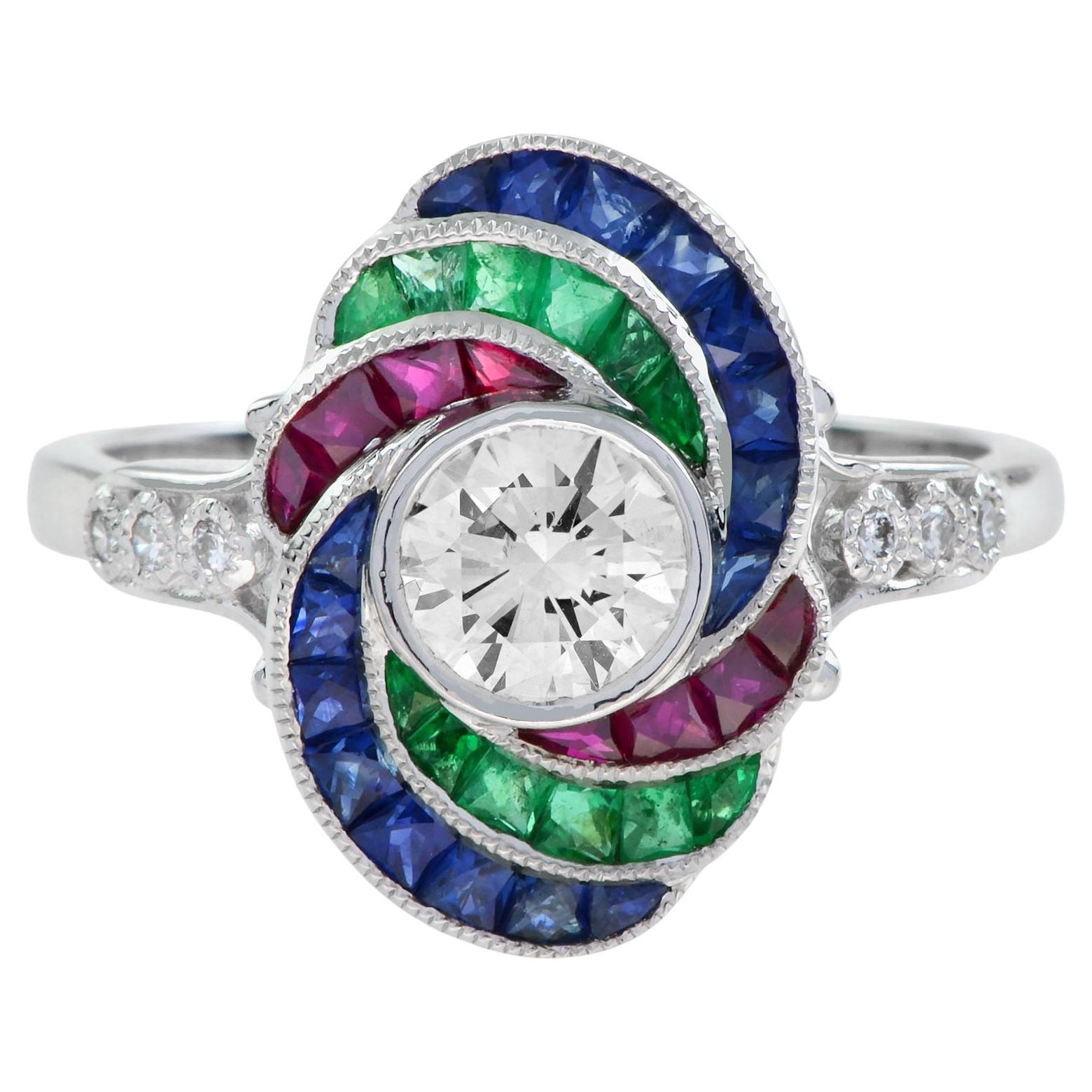 Runder Diamant Rubin Smaragd Saphir Wirbel Art Deco Stil 18K Weißgold Ring
