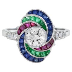 Round Diamond Ruby Emerald Sapphire Swirl Art Deco Style 18K White Gold Ring
