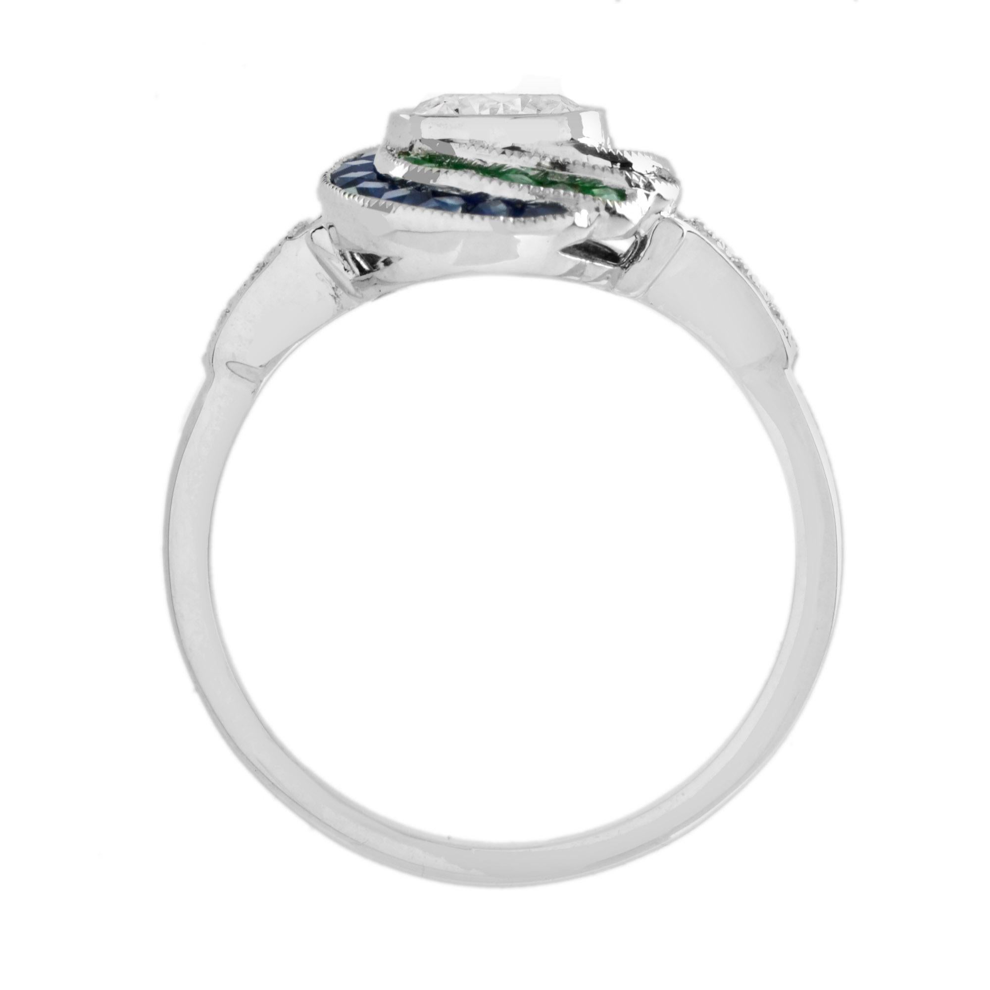 Runder Diamant Rubin Smaragd Saphir Wirbel Art Deco Stil 18K Weißgold Ring im Zustand „Neu“ im Angebot in Oakton, VA