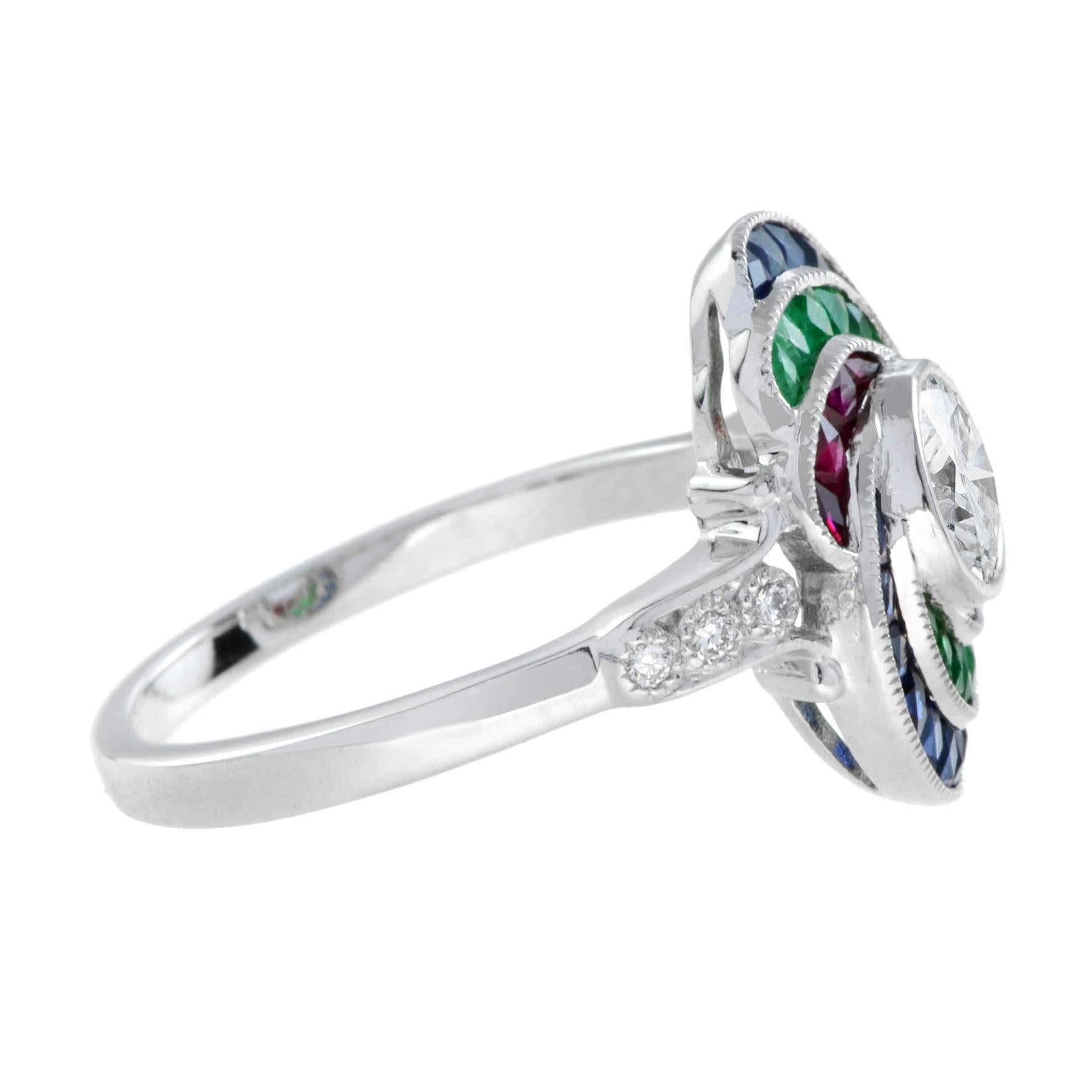 Runder Diamant Rubin Smaragd Saphir Wirbel Art Deco Stil 18K Weißgold Ring (Art déco) im Angebot