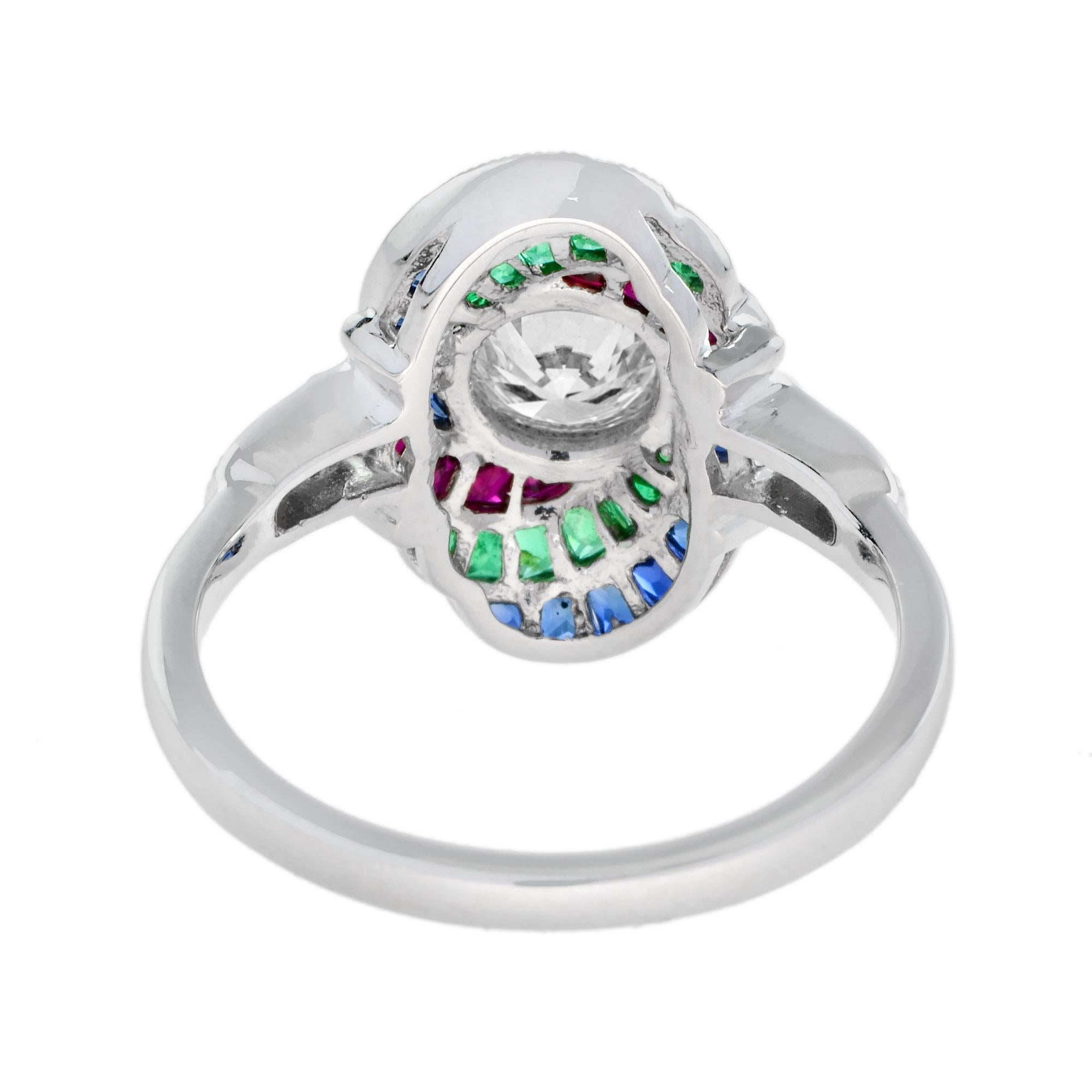 Runder Diamant Rubin Smaragd Saphir Wirbel Art Deco Stil 18K Weißgold Ring (Rundschliff) im Angebot