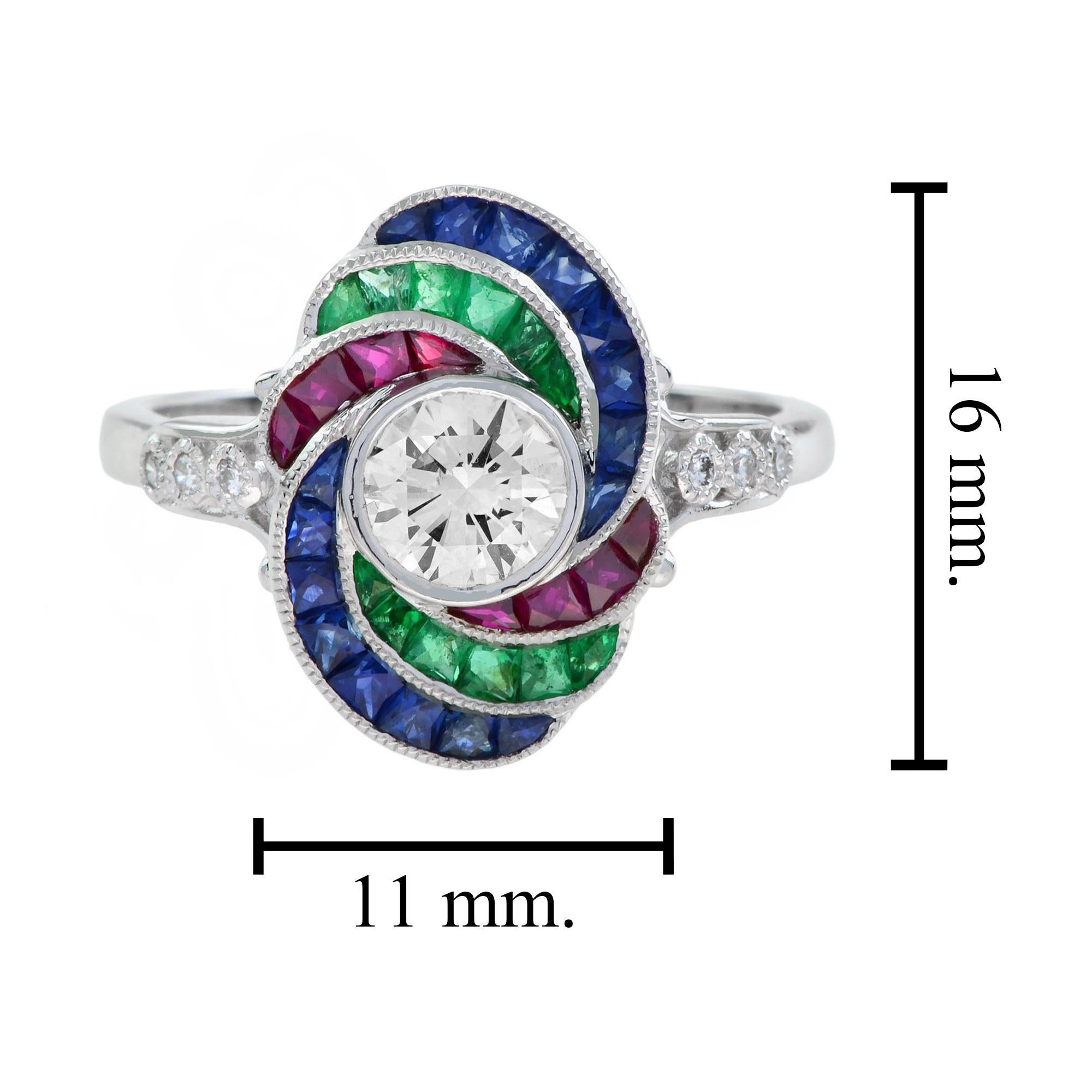 Runder Diamant Rubin Smaragd Saphir Wirbel Art Deco Stil 18K Weißgold Ring Damen im Angebot