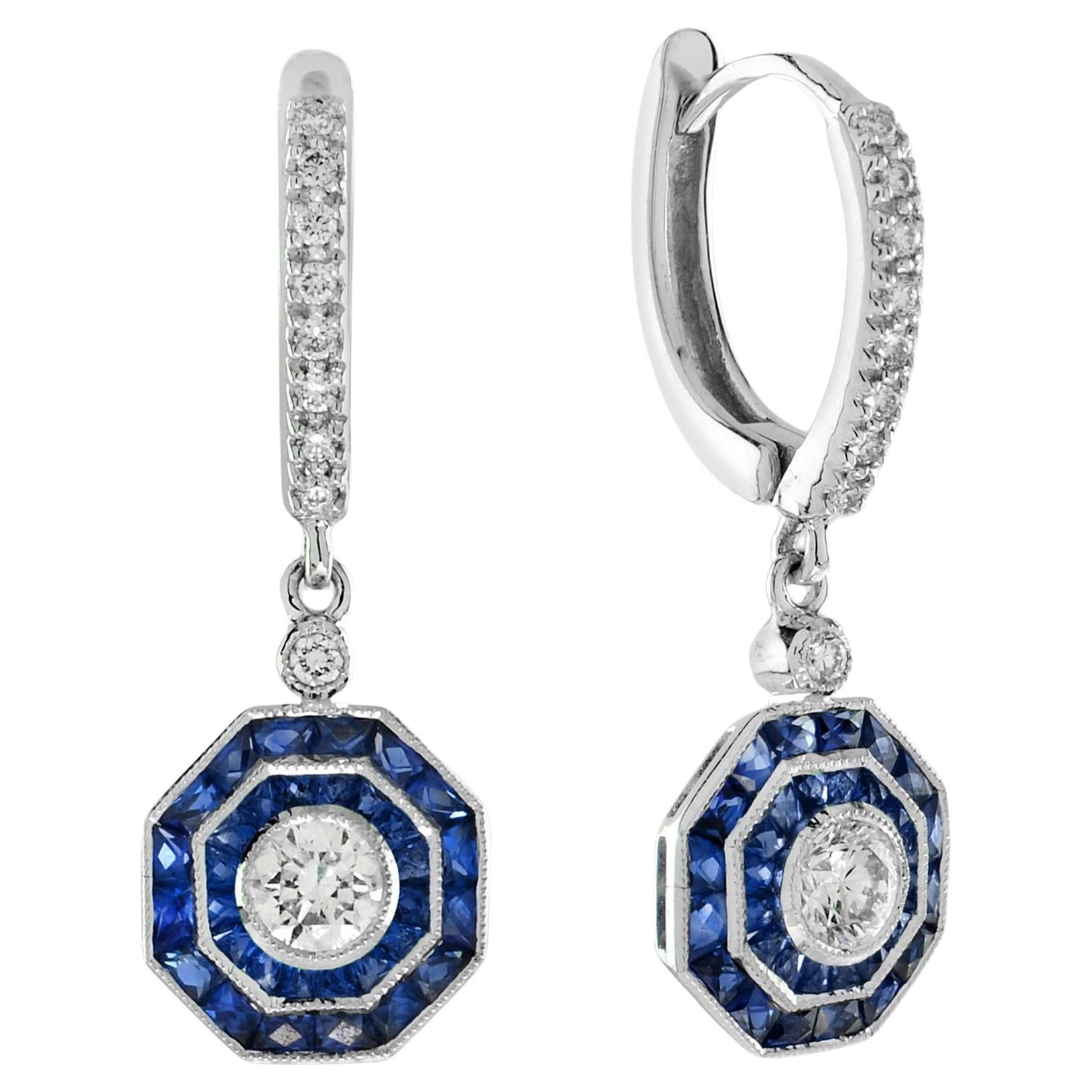 Orecchini a goccia in oro bianco 14K con diamanti e zaffiri blu in stile Art Deco