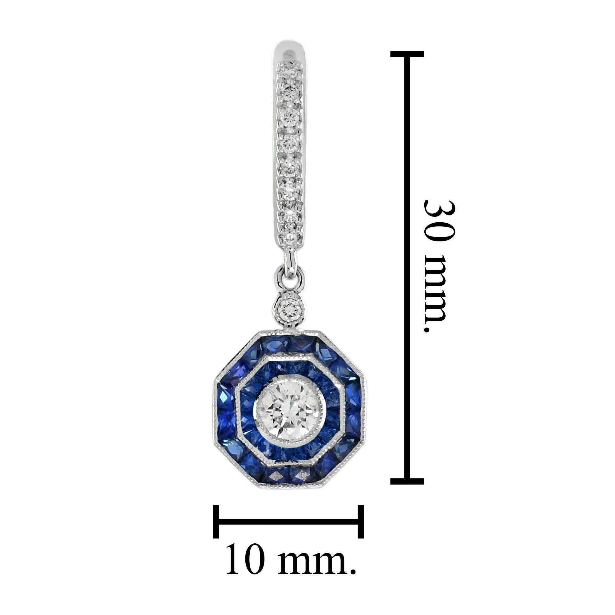 Taglio rotondo Orecchini a goccia in oro bianco 14K con diamanti e zaffiri blu in stile Art Deco in vendita
