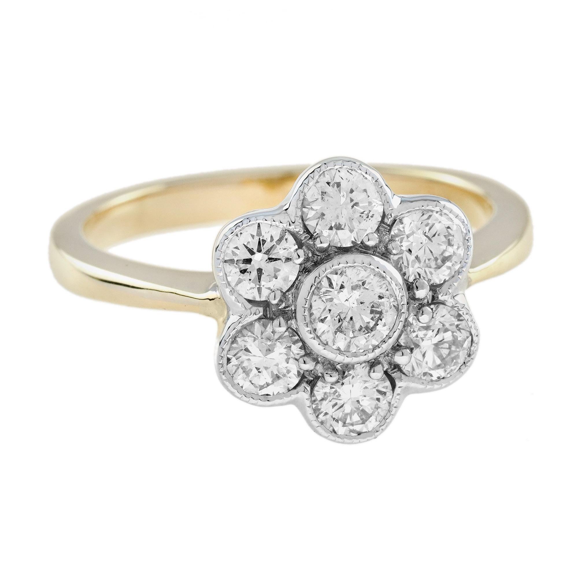 I diamanti rotondi creano i sei petali di questo intrigante anello a fiore di ispirazione vintage. Al centro del disegno del fiore è incastonato un diamante rotondo di 3,7 mm. Si tratta di un anello con fiore a margherita in stile edoardiano che è