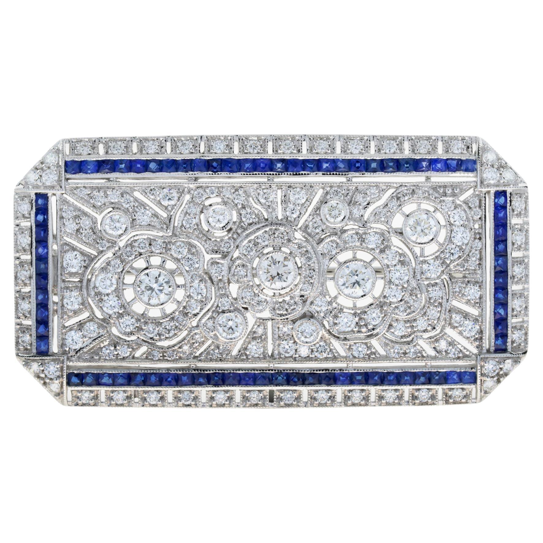 Broche unique en or blanc 14K avec saphir bleu et diamant de style Art Déco