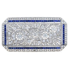 Blue Sapphire & Diamond Art Deco Style 14K White Gold Unique Pin Brooch
