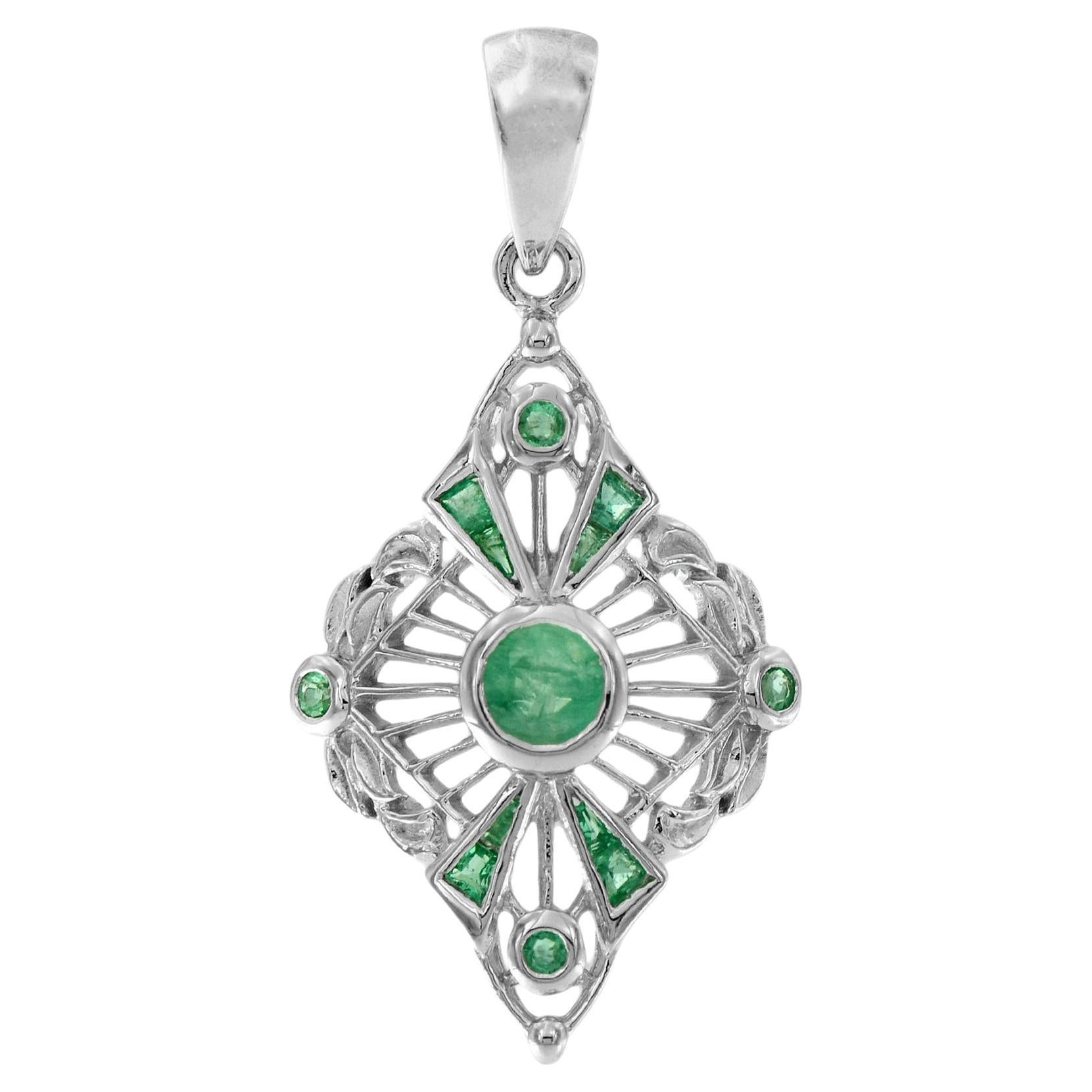 Ciondolo con smeraldo verde in stile Art Deco in oro bianco 14K