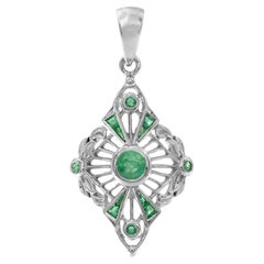 Green Emerald Art Deco Style 14K White Gold Pendant