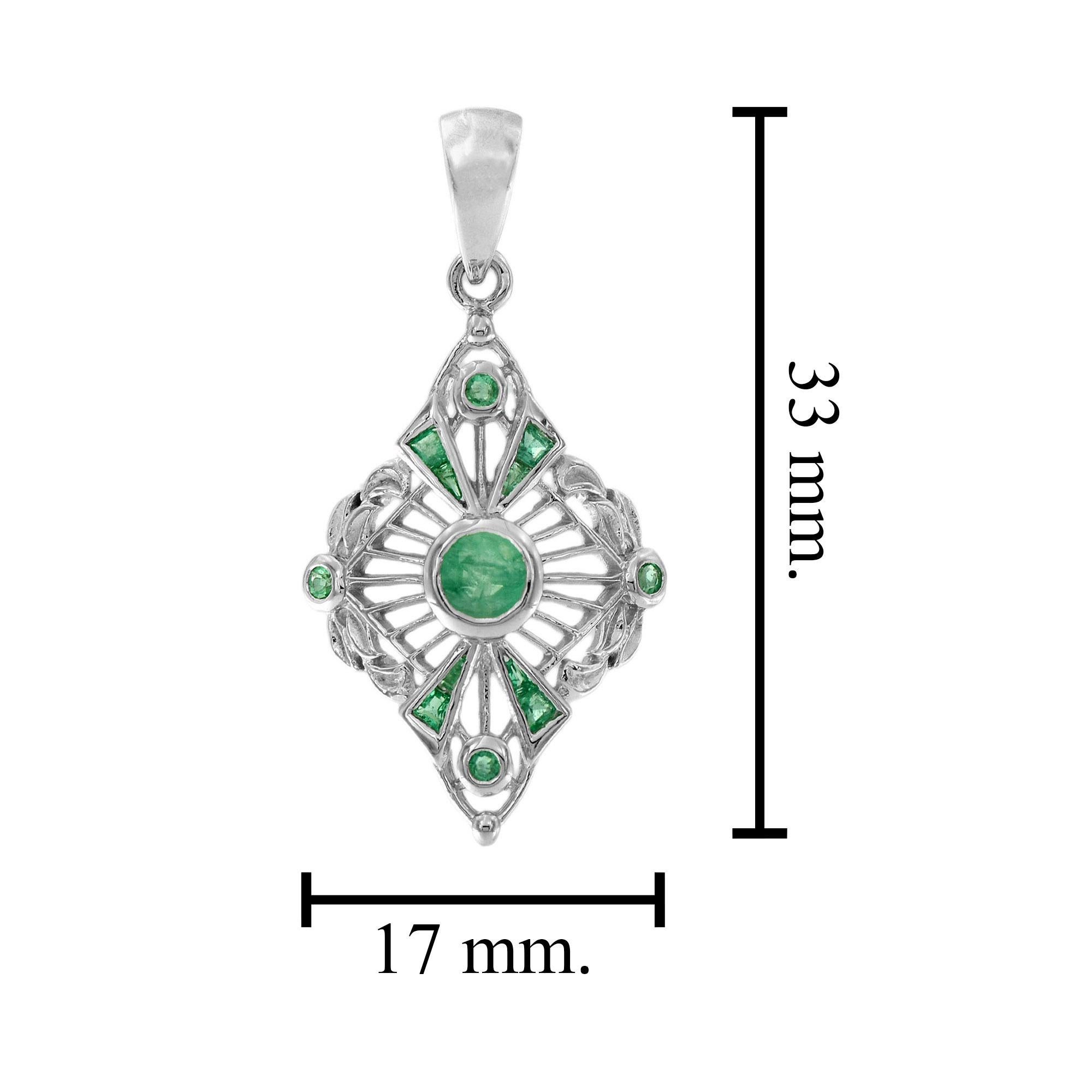 Taglio rotondo Ciondolo con smeraldo verde in stile Art Deco in oro bianco 14K in vendita