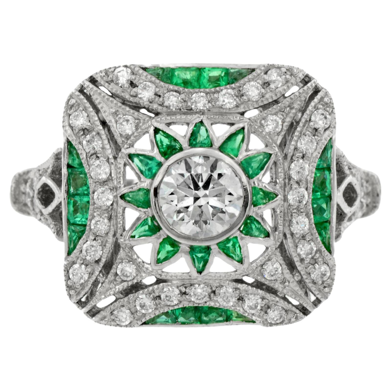 Anello di fidanzamento in platino bianco con diamante e smeraldo verde in stile Art Deco