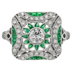 Diamond & Green Emerald Art Deco Style Engagement White Platinum Ring