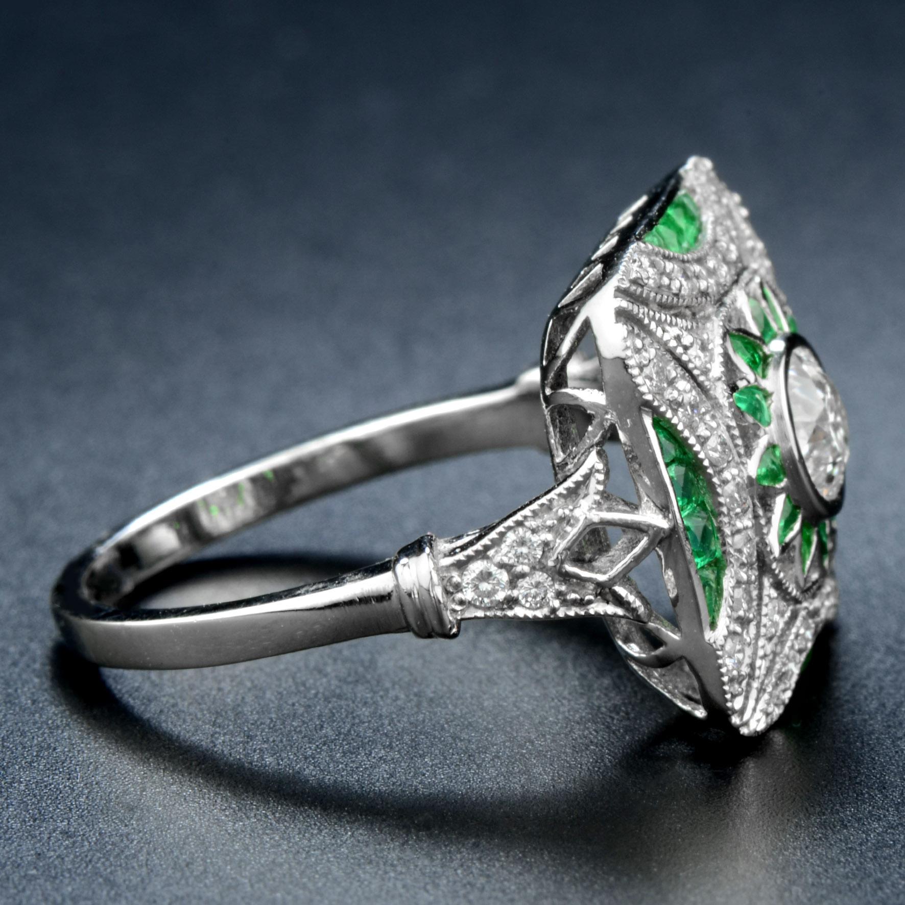 Taglio rotondo Anello di fidanzamento in platino bianco con diamante e smeraldo verde in stile Art Deco in vendita