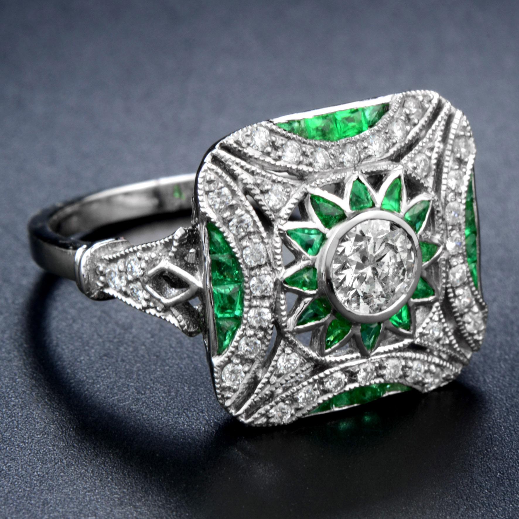 Art Déco Anello di fidanzamento in platino bianco con diamante e smeraldo verde in stile Art Deco in vendita