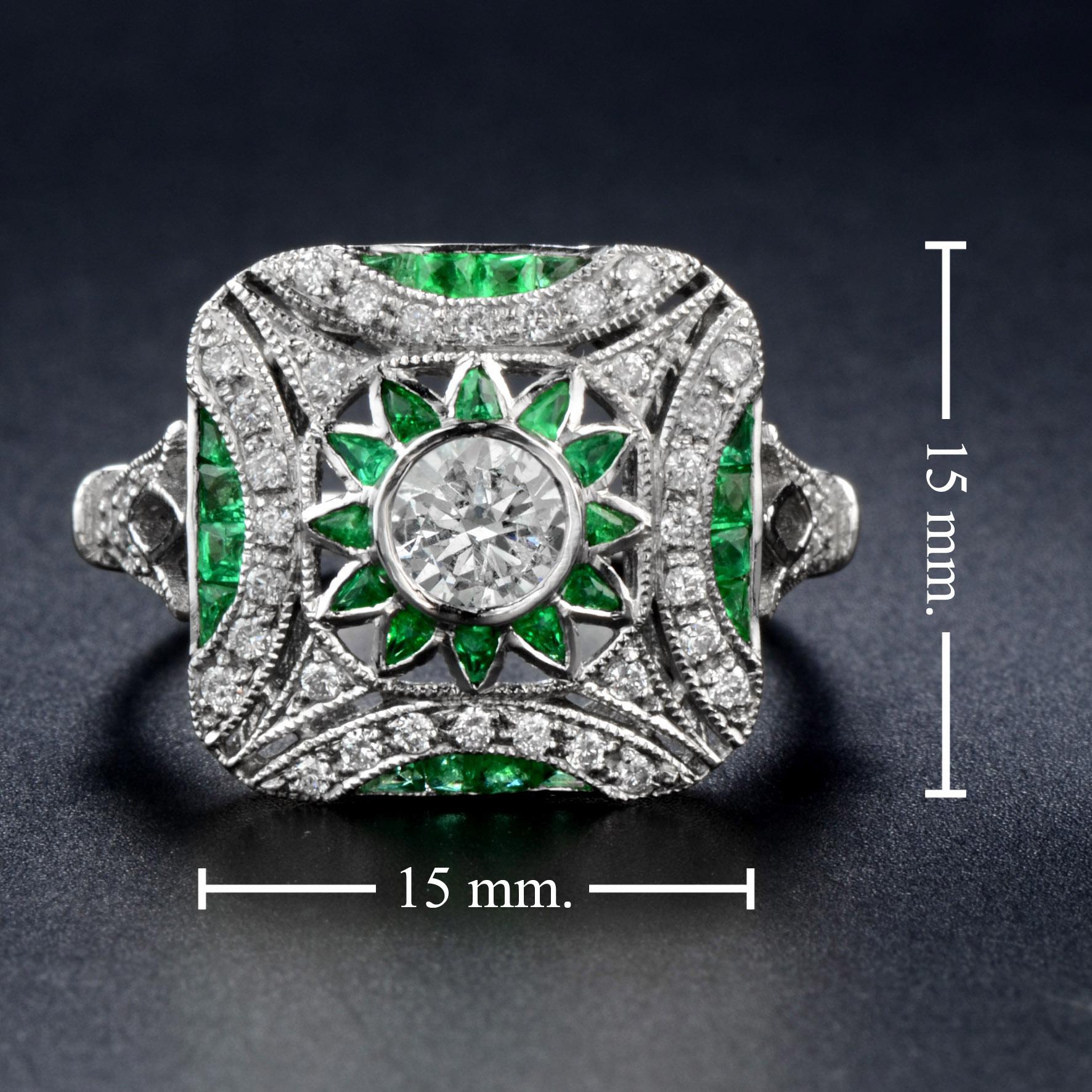 Anello di fidanzamento in platino bianco con diamante e smeraldo verde in stile Art Deco in vendita 1