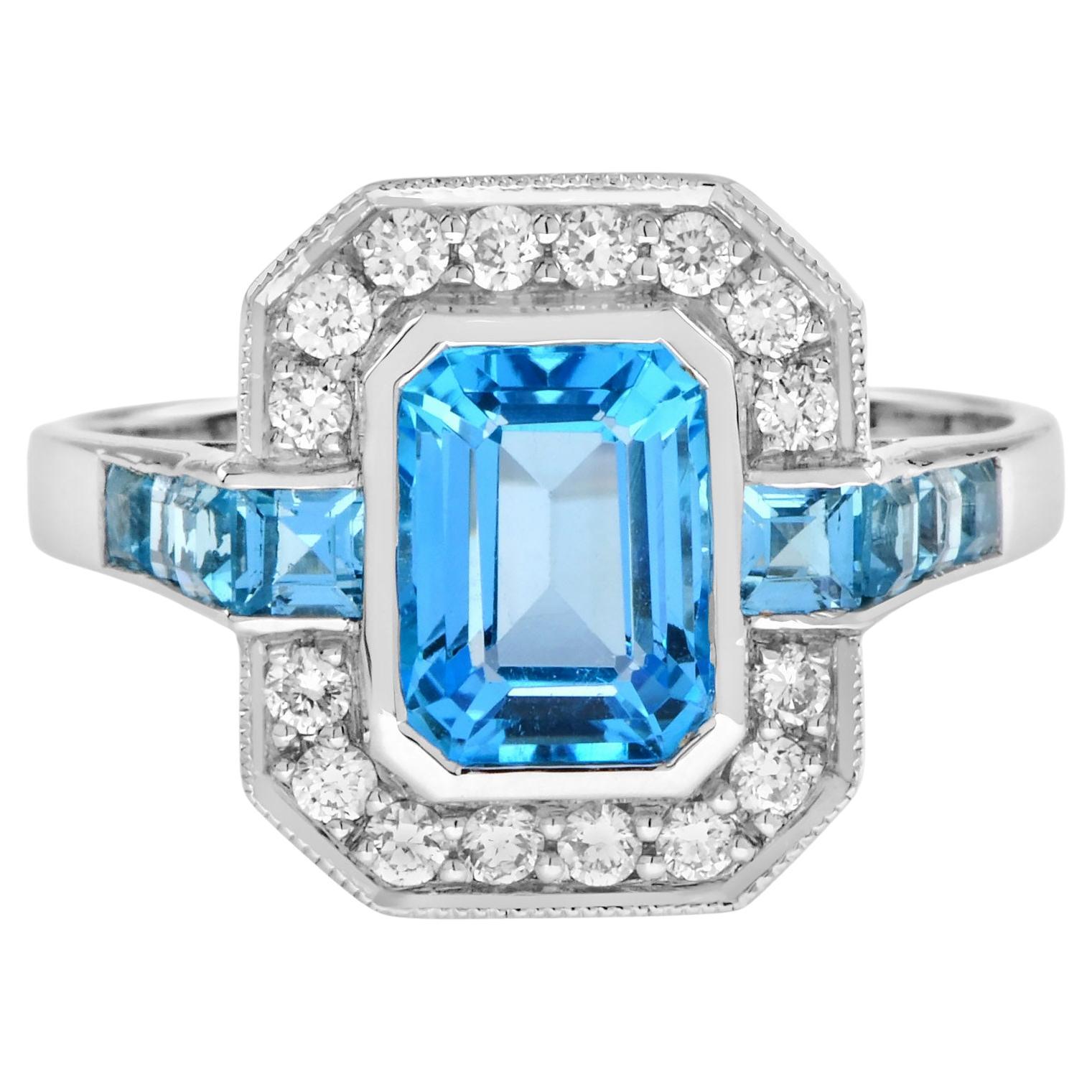 Bague octogonale en or blanc sertie de topazes bleues suisses et de diamants de style Art déco 14K en vente