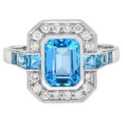 Octagon Swiss Blue Topaz & Diamond Art Deco Style 14K Halo Set White Gold Ring
